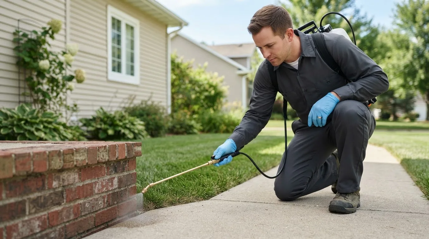 Pest control technician treating a home near Polk City, IA