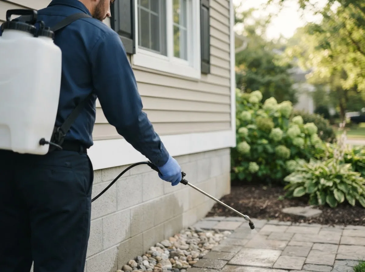 Pest control technician inspecting a home in Polk City, IA